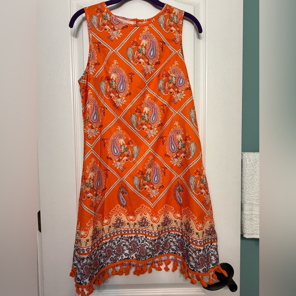 Women’s Orange Paisley Tassel Dress